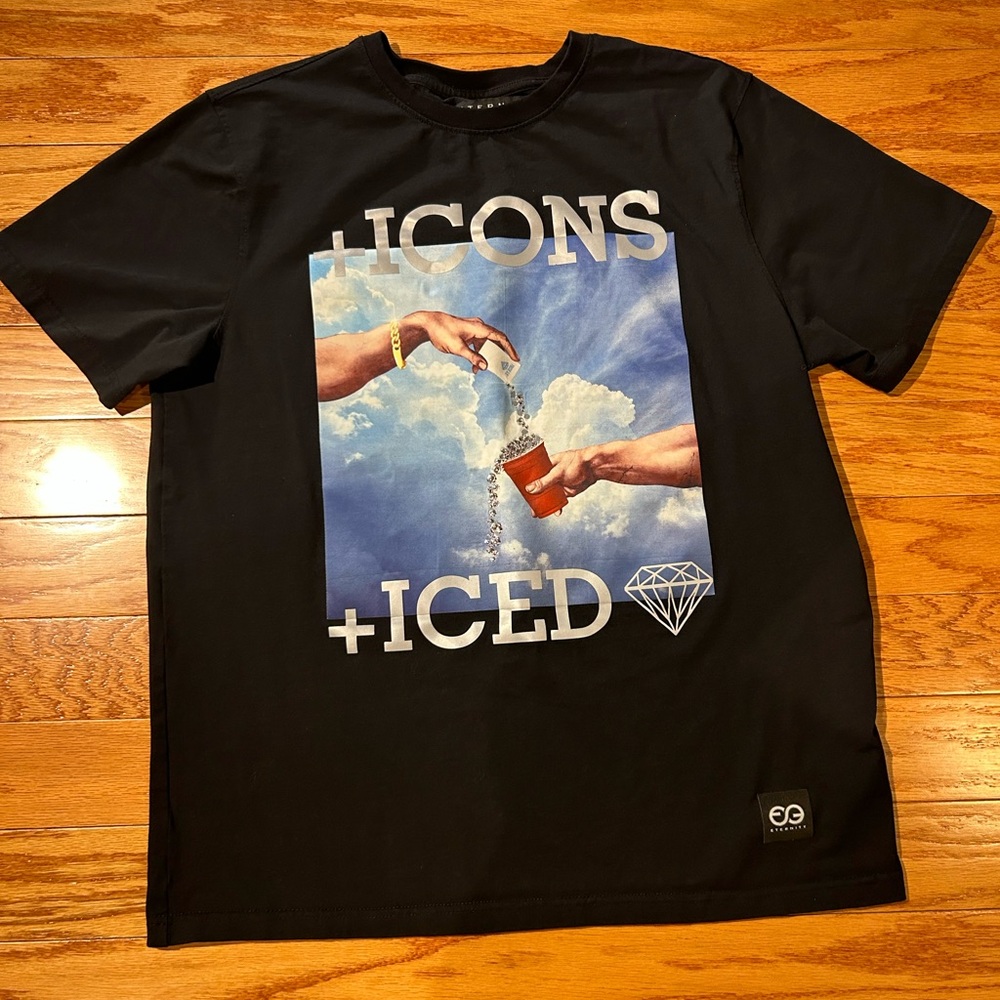 Black Graphic T-Shirt with Icons + Iced Design